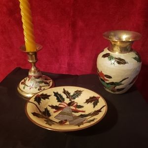 Vintage India Enameled Brass Cloisonne Trivet Plate, Vase & Candlestick